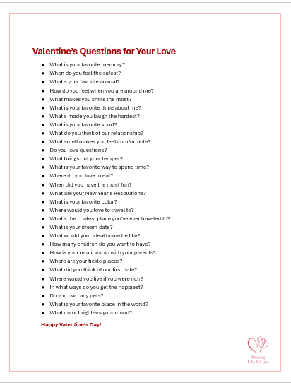 free valentines questions printable